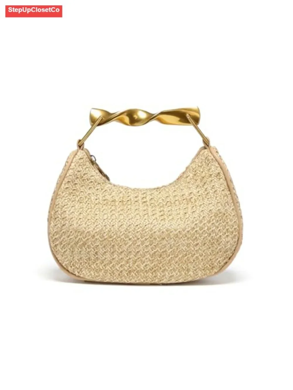 Handmade Woven Straw Boho Hobo Tote Handbag with Metal Handle